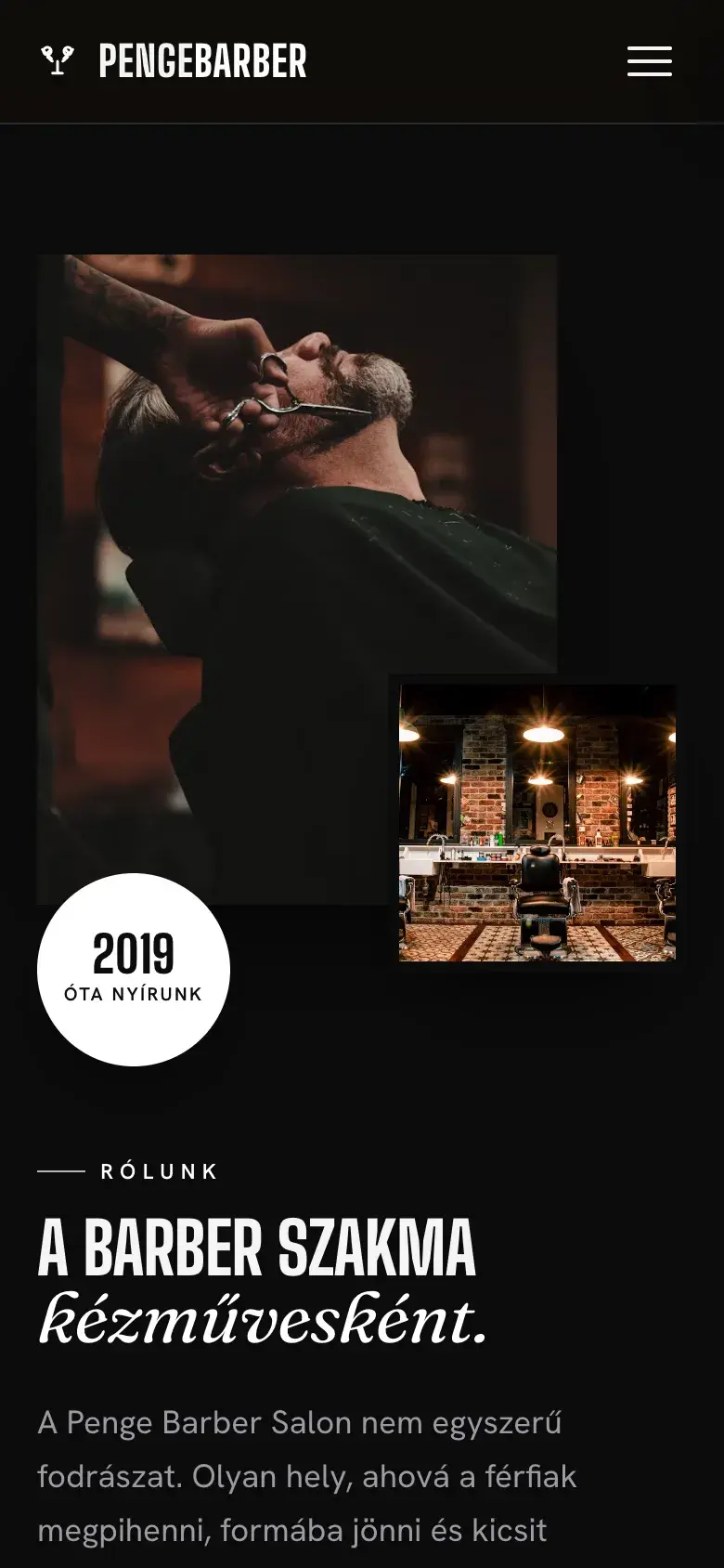A Rólunk szekció mobilon: egymásra rétegzett szalonfotók, „2019 óta nyírunk” körmatricával.
