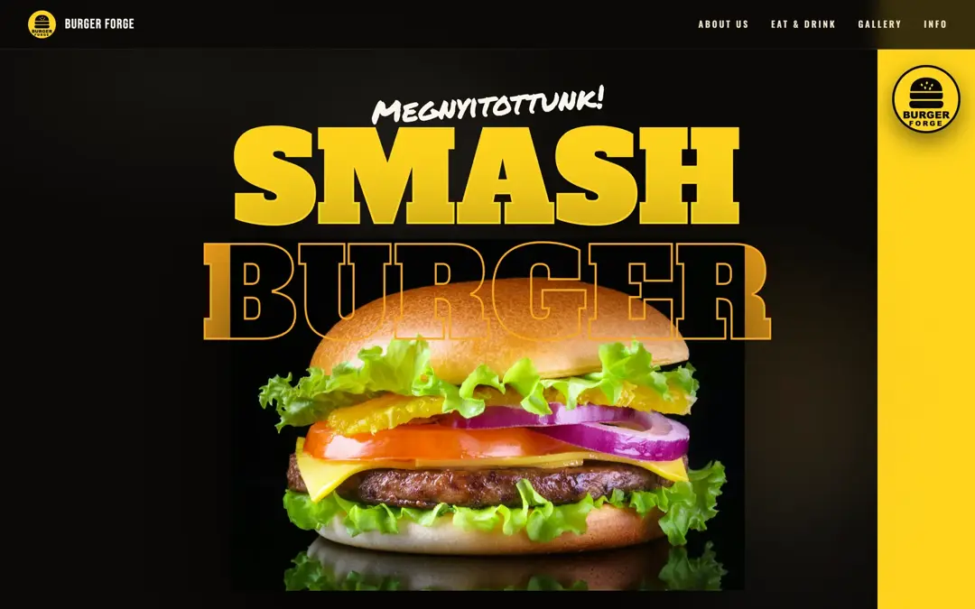A Burger Forge nyitóképe asztali nézetben: fekete háttéren óriási sárga „SMASH BURGER” felirat, előtte egy réteges burger fotója.