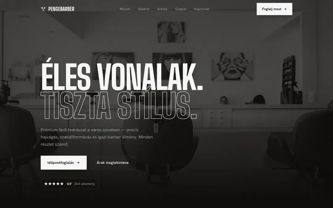A Penge Barber nyitóképe asztali nézetben: sötét, elmosódott szalonbelső, rajta az „Éles vonalak. Tiszta stílus.” felirat és az Időpontfoglalás gomb.