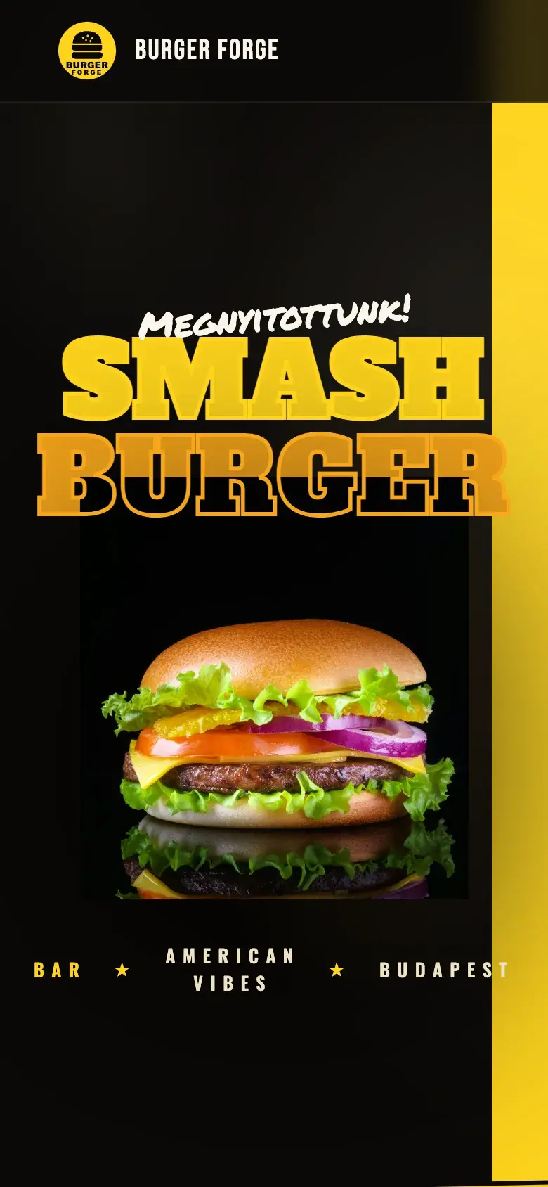 A nyitókép telefonon: a Smash Burger felirat egymásra tornyozva, alatta a burger fotója.