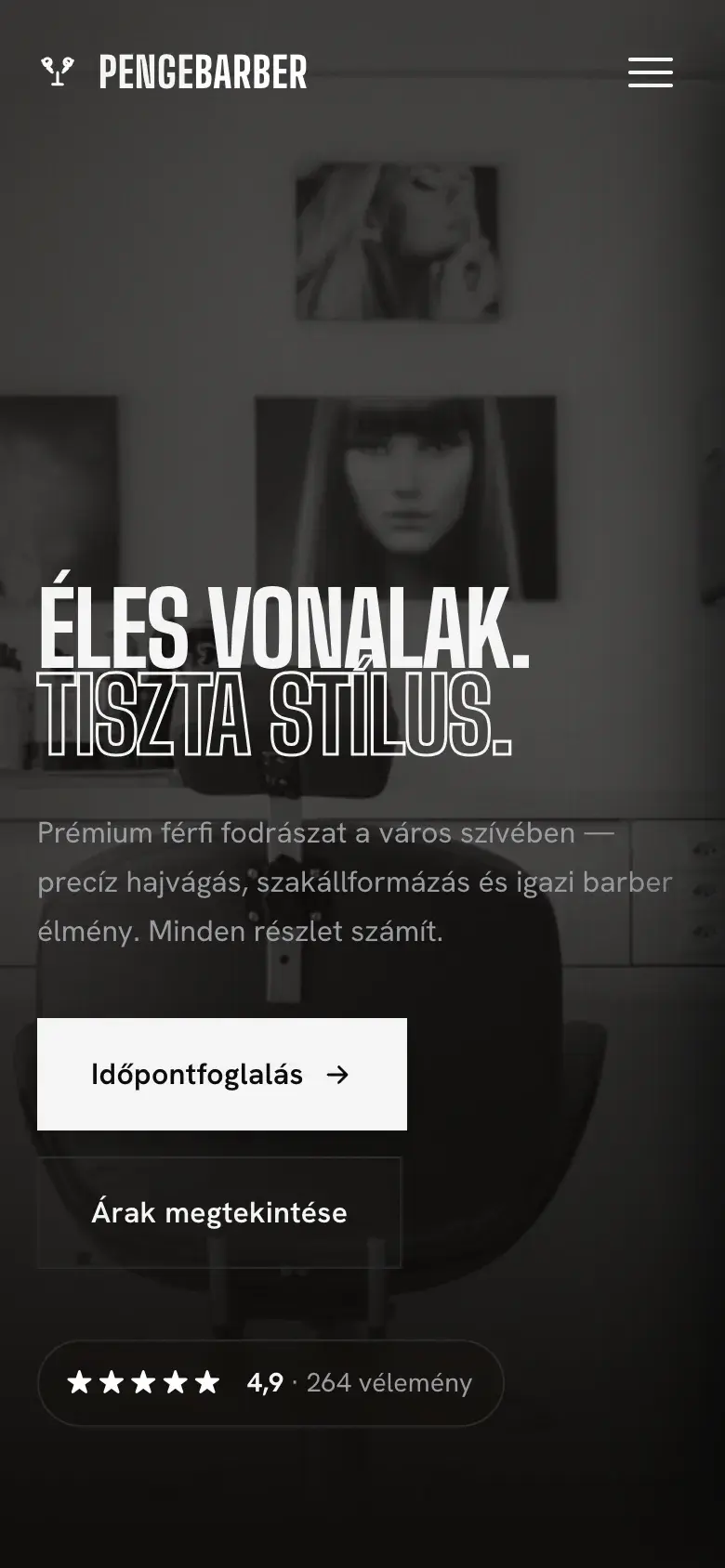 Ugyanaz a nyitókép telefonon: a cím két sorba tördelve, alatta egymás alá csúszó Időpontfoglalás és Árak gomb.