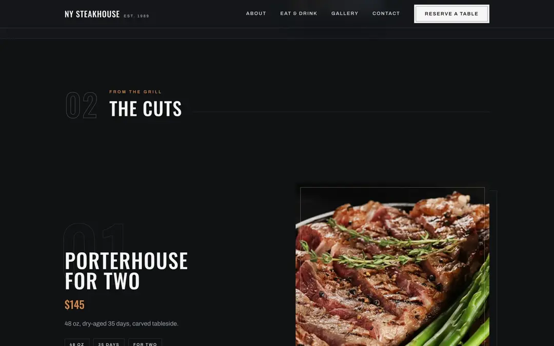 A The Cuts szekció kitűzött állapotban: balra a Porterhouse for Two neve és ára ($145), jobbra grillezett hús fotója hajszálvékony kerettel — görgetésre vált a következő tételre.