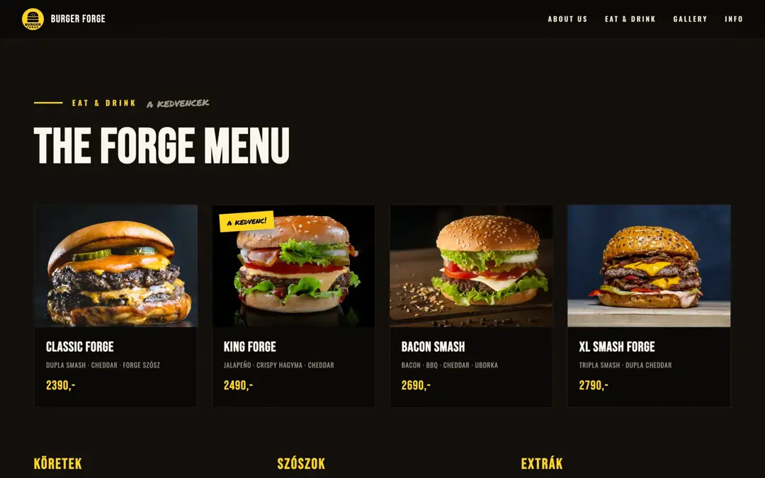 A The Forge Menu szekció: négy burgerkártya egymás mellett — Classic Forge, King Forge, Bacon Smash és XL Smash Forge — fotóval, összetevőkkel és kiírt árral.