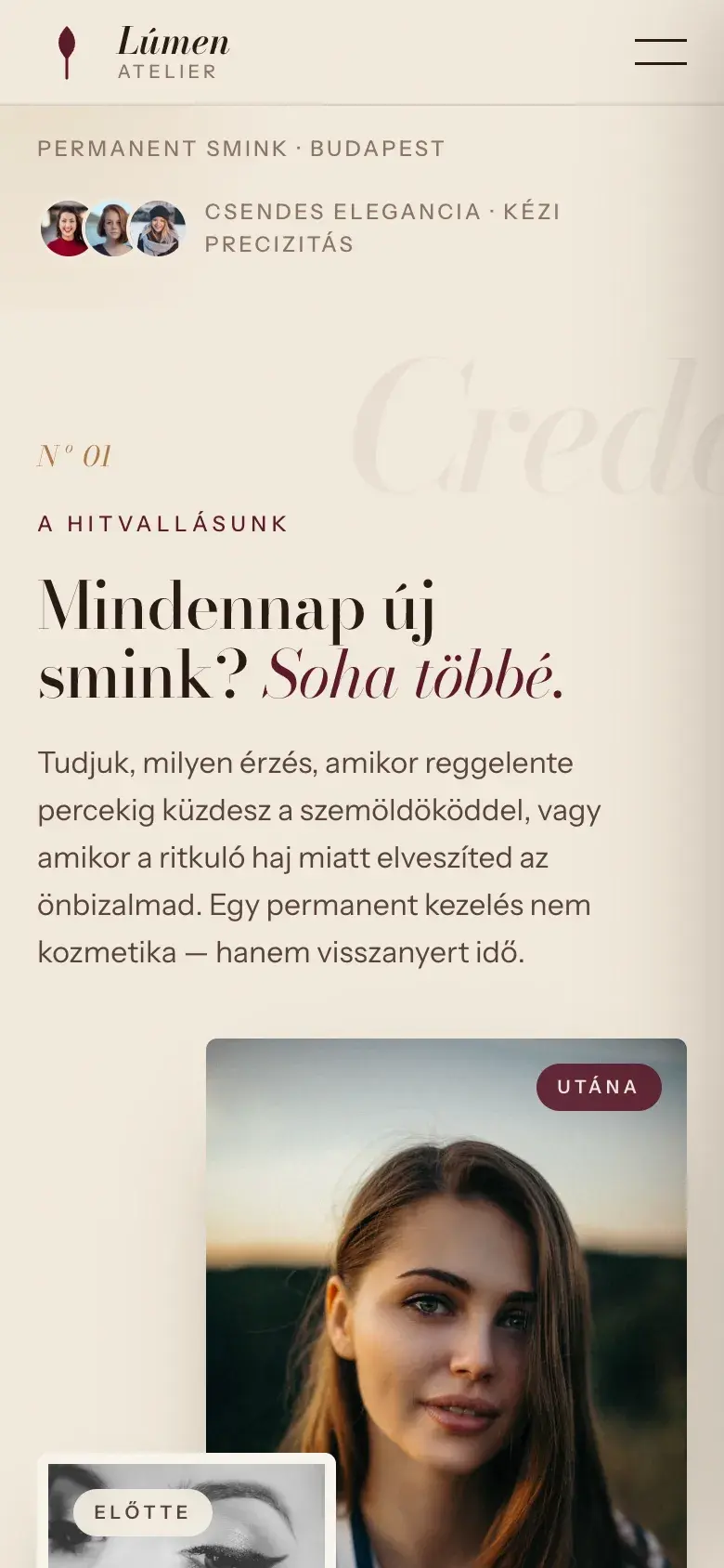 A Hitvallás szekció mobilon, amely a „Mindennap új smink? Soha többé.” kérdéssel indul.