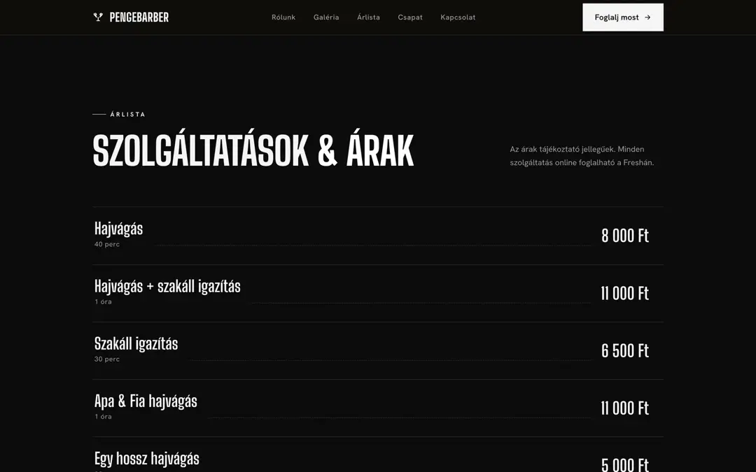 Az árlista szekció: a Hajvágás, Hajvágás + szakáll igazítás és Szakáll igazítás sorok pontozott vezetővonallal futnak az áraikhoz.