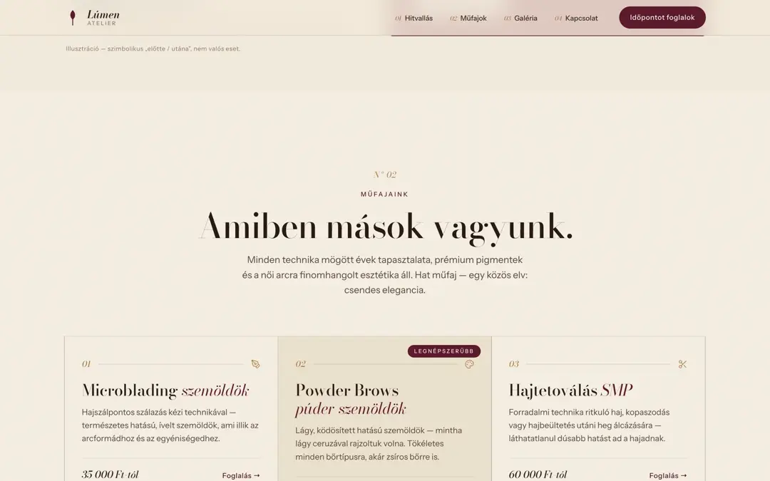 A Műfajaink szekció: Microblading, Powder Brows és Hajtetoválás kártyák egymás mellett, mindegyiken kezdőár és foglalás link.