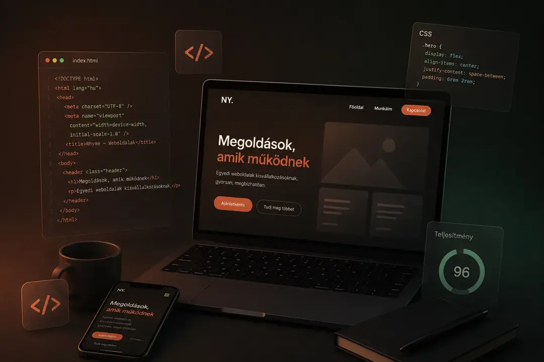 Rhyme weboldal munka közben — kód és reszponzív megjelenés